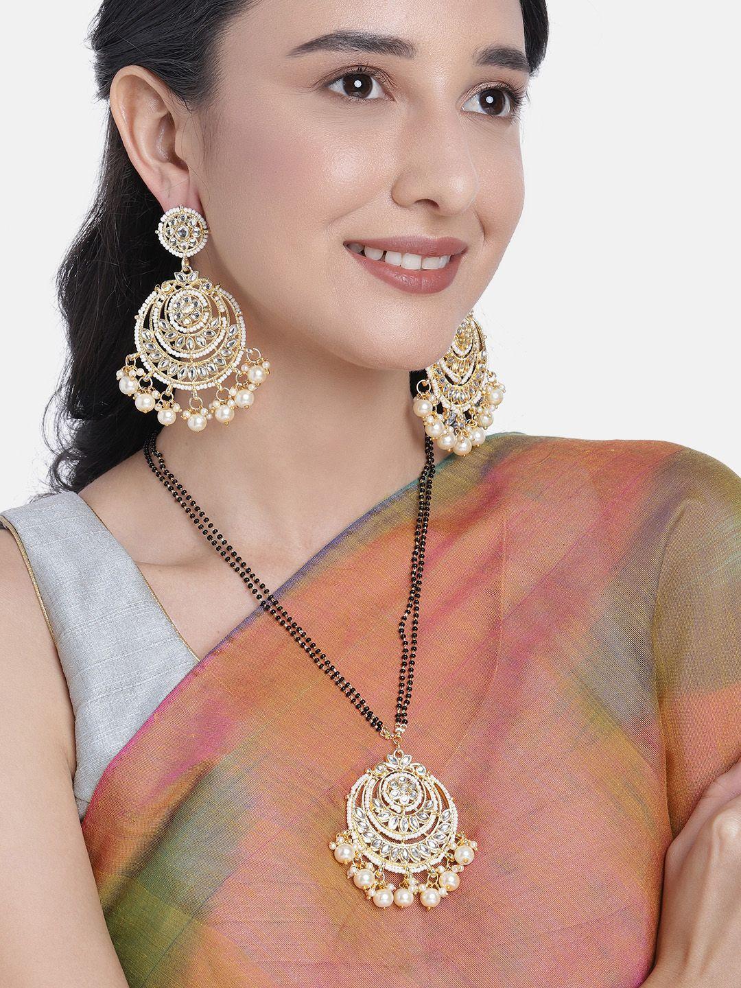 peora women gold-plated kundan studded long mangalsutra beaded chain & earrings