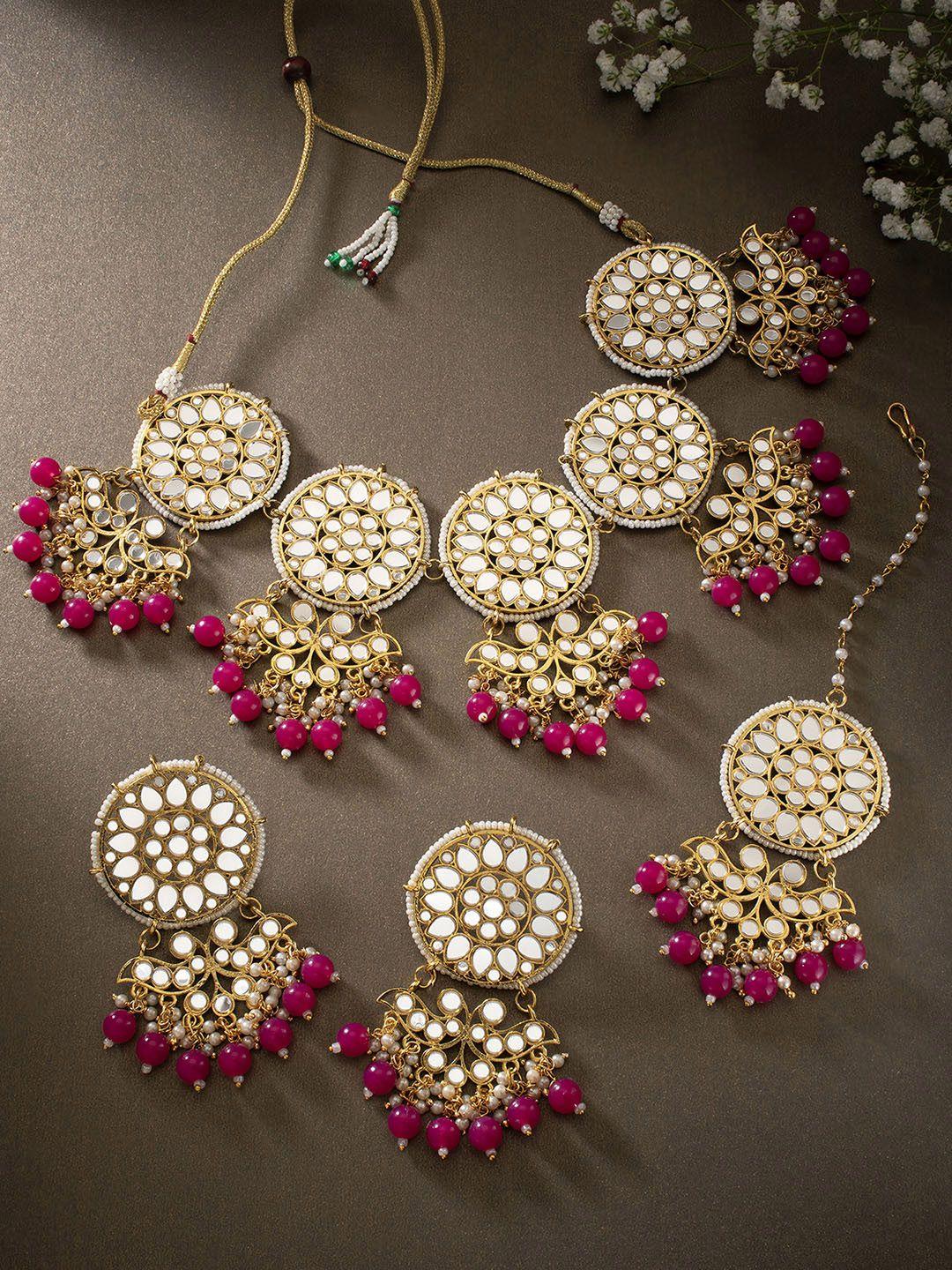 peora women gold-plated pink kundan studded jewellery set