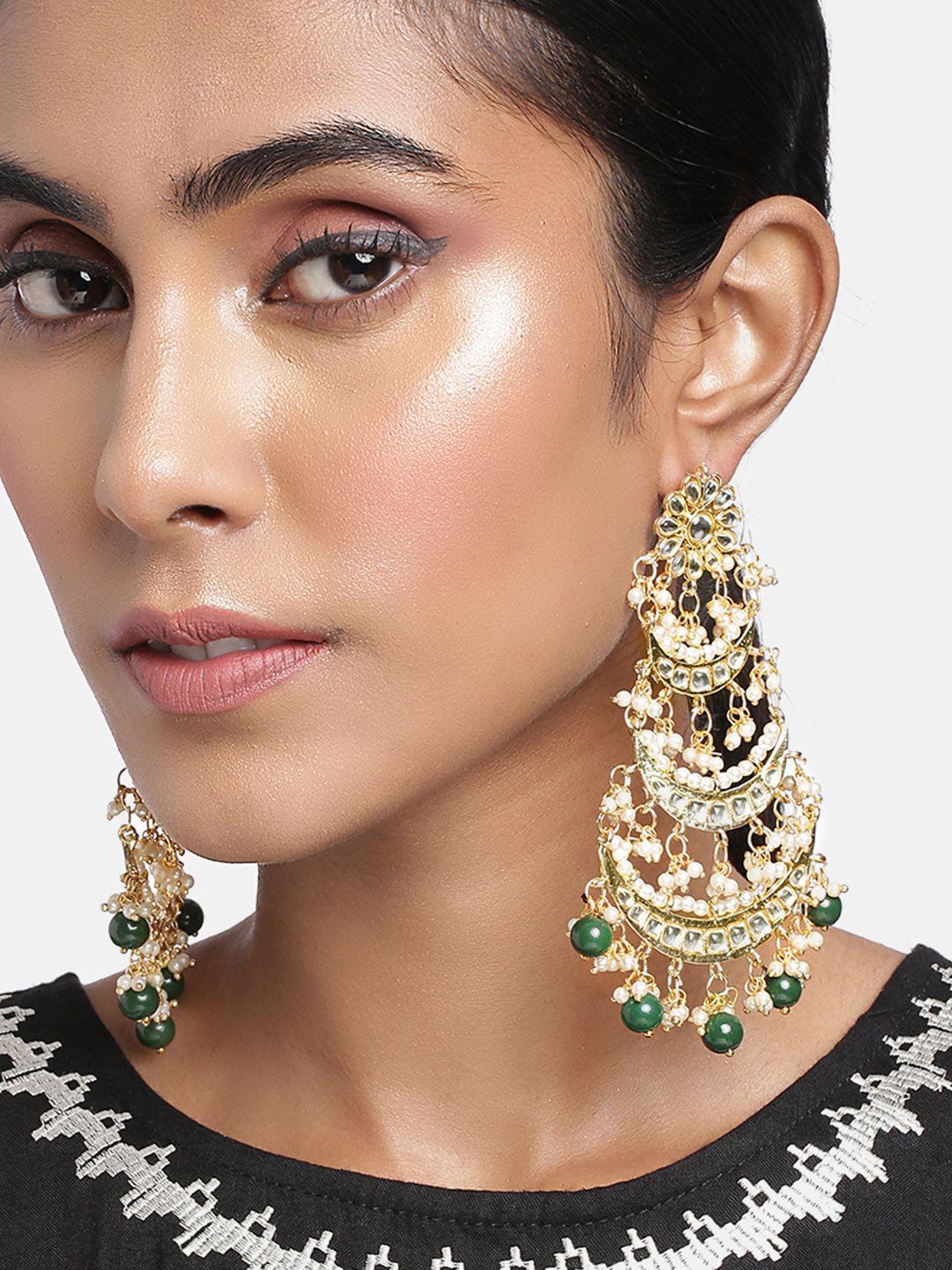 peora women green & gold-toned crescent shaped chandbalis earrings