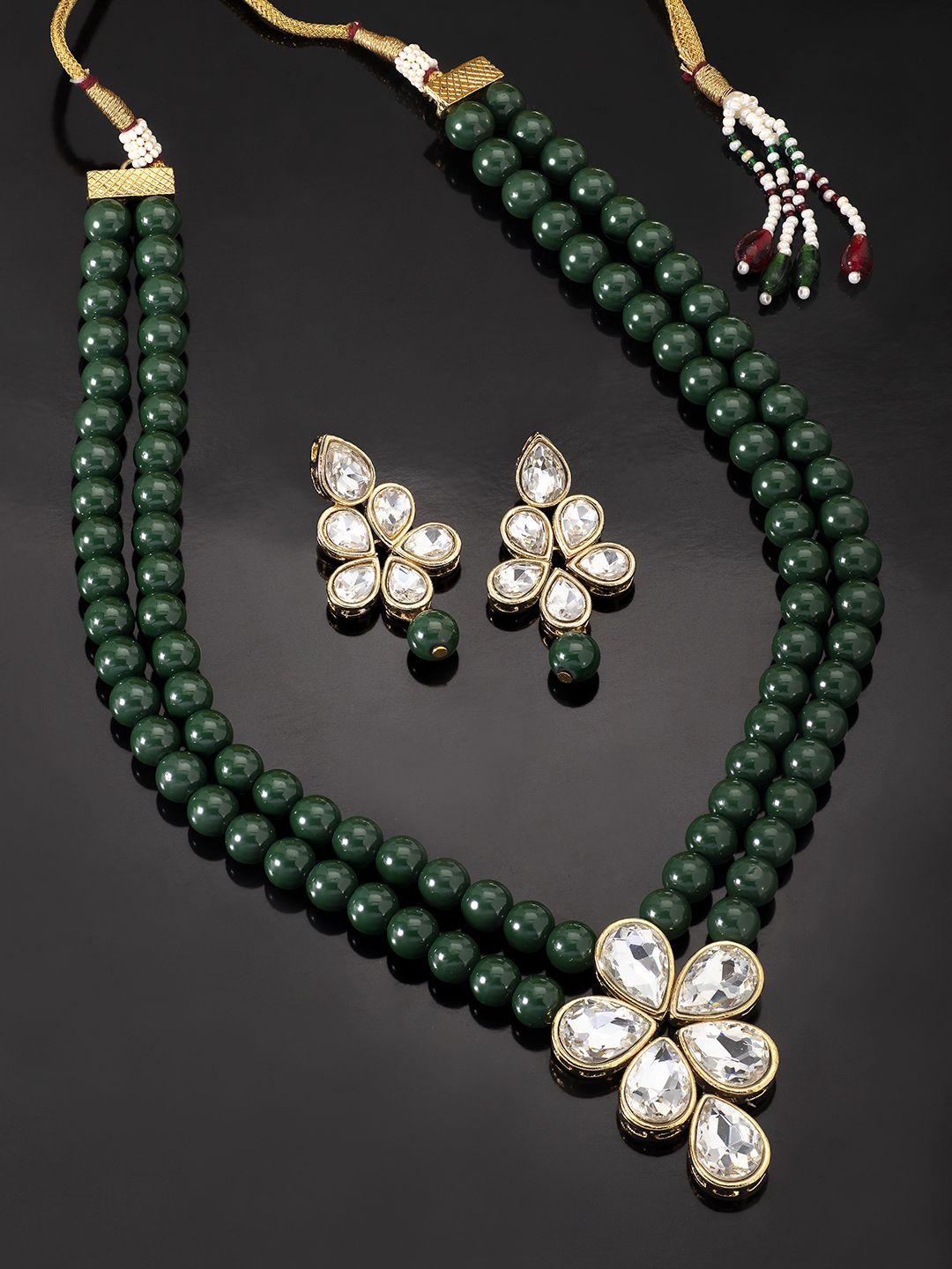 peora women green gold-plated pearl & crystal studded jewellery set