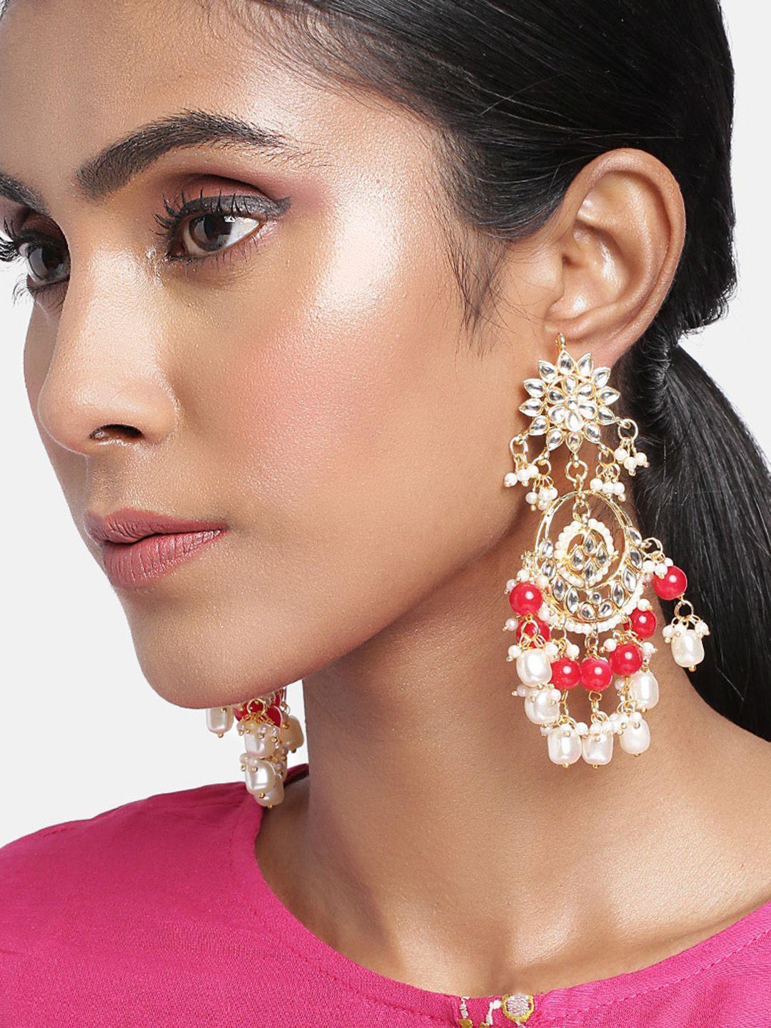 peora women maroon & white crescent shaped chandbalis earrings