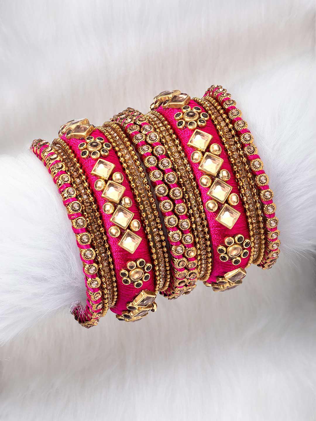 peora women set of 10 magenta silk thread & stone studded chuda bangles