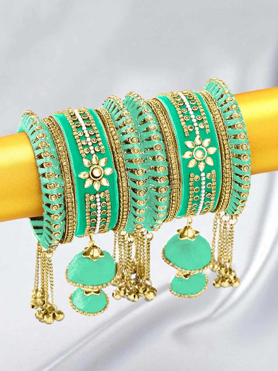 peora women set of 10 sea green & gold-toned designer silk thread matching wedding bangles