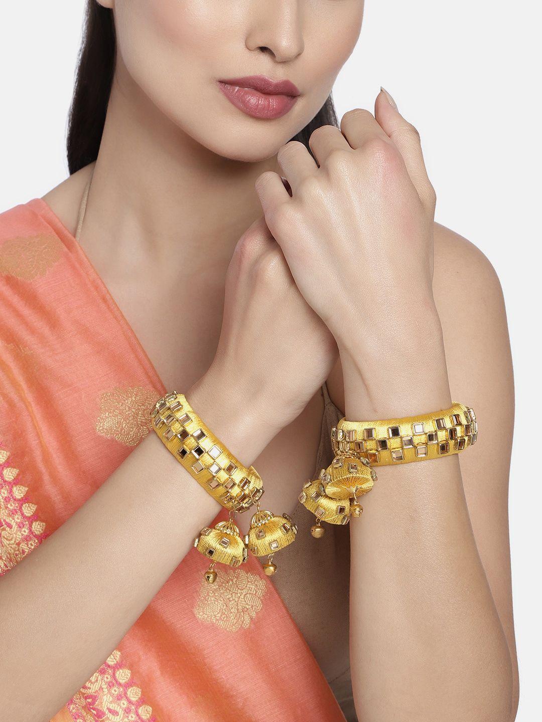 peora yellow set of 2 handcrafted silk thread kundan studded bangles with hanging jhumkas