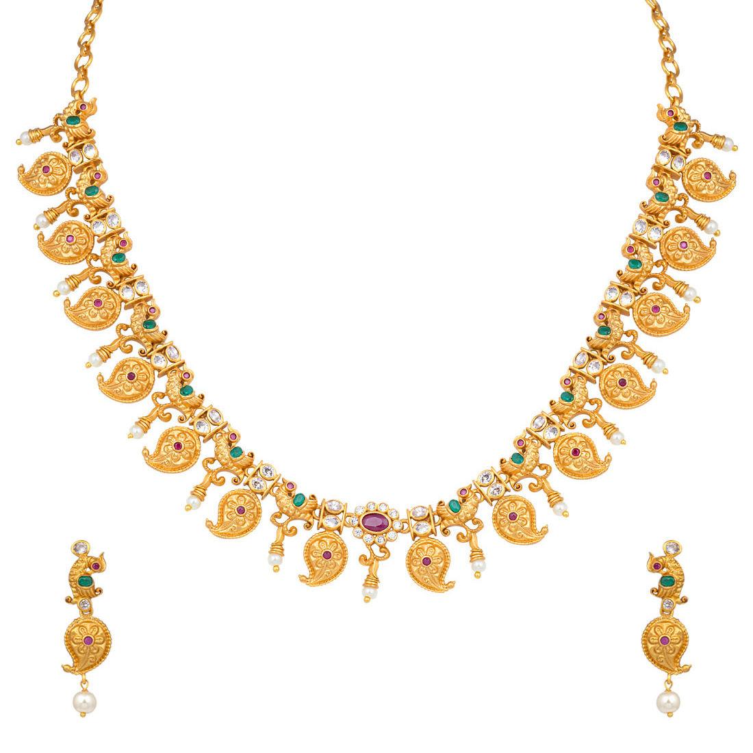 peoramatte gold finish indian peacock design necklace earring jewellery set -pf42nan388rg