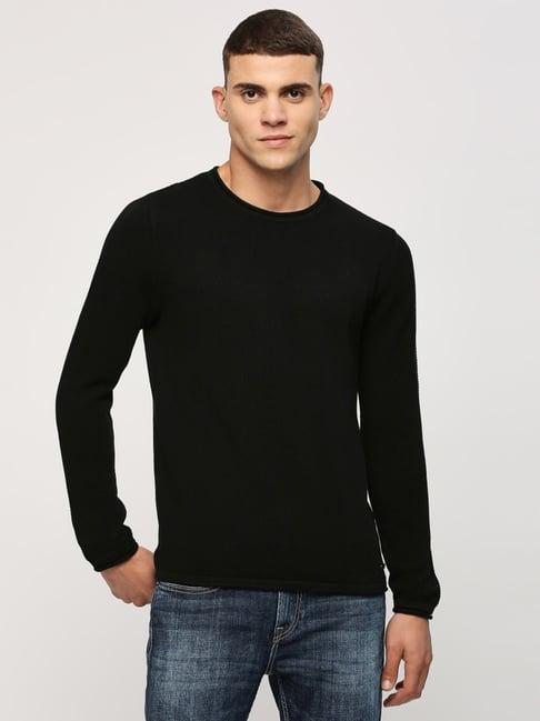 pepe jeans black cotton regular fit self pattern sweater