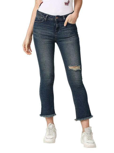 pepe jeans blue cotton distressed flare leg jeans