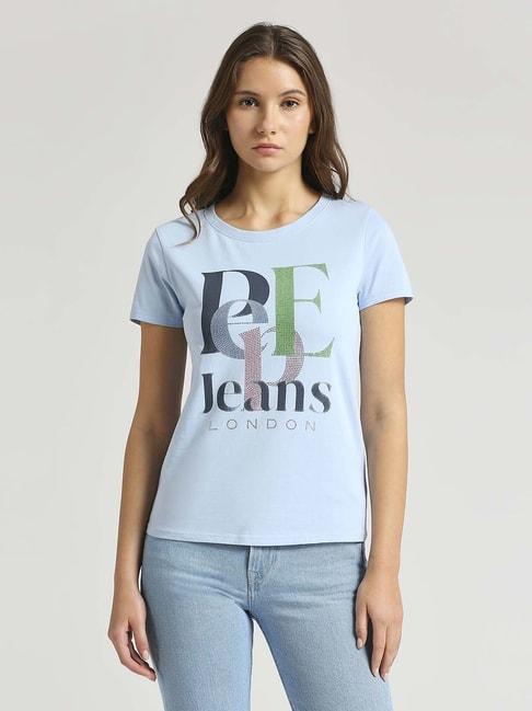 pepe jeans blue cotton embellished t-shirt