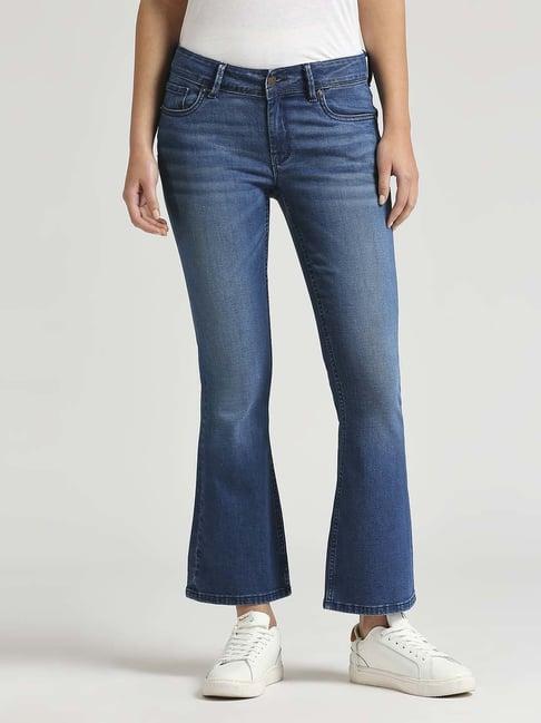 pepe jeans blue cotton mid rise bootcut jeans
