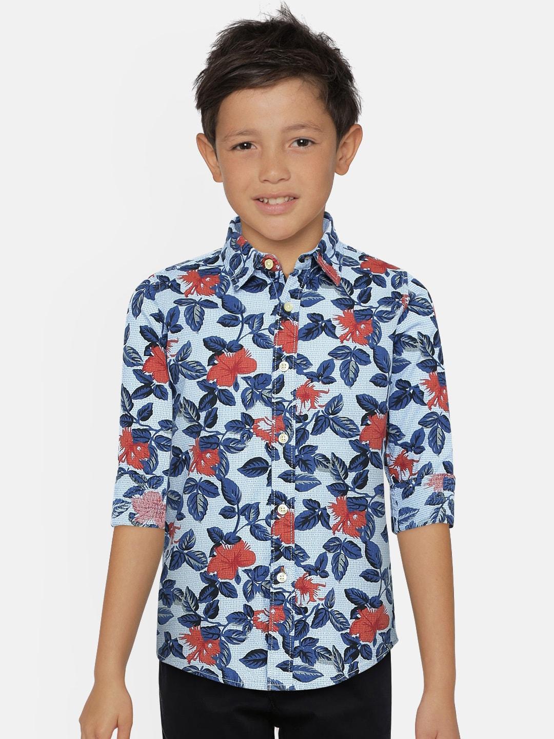 pepe jeans boys blue and red regular fit printed casual shirt