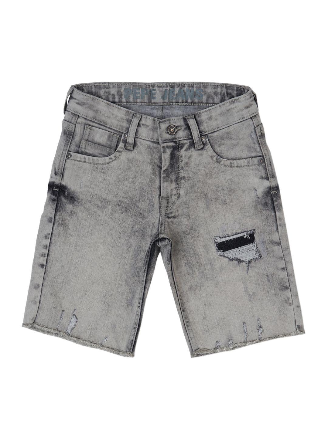 pepe jeans boys charcoal grey washed slim fit distressed denim shorts