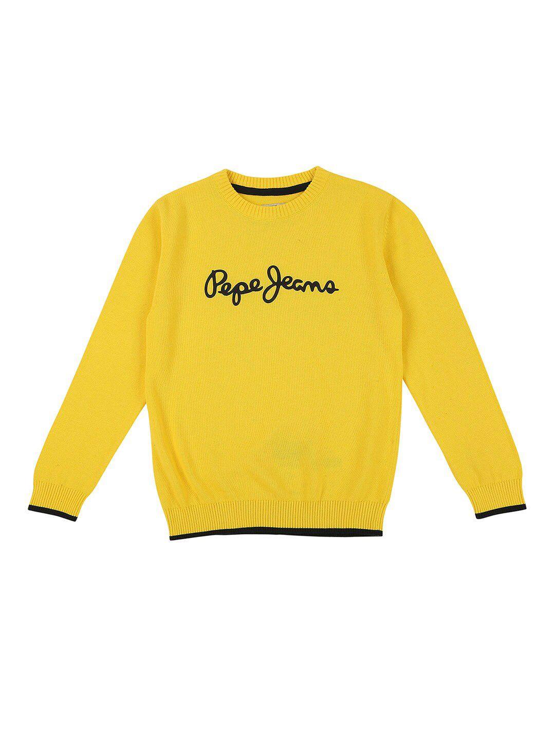 pepe jeans boys gold-toned & black typography sweater vest with embroidered detail