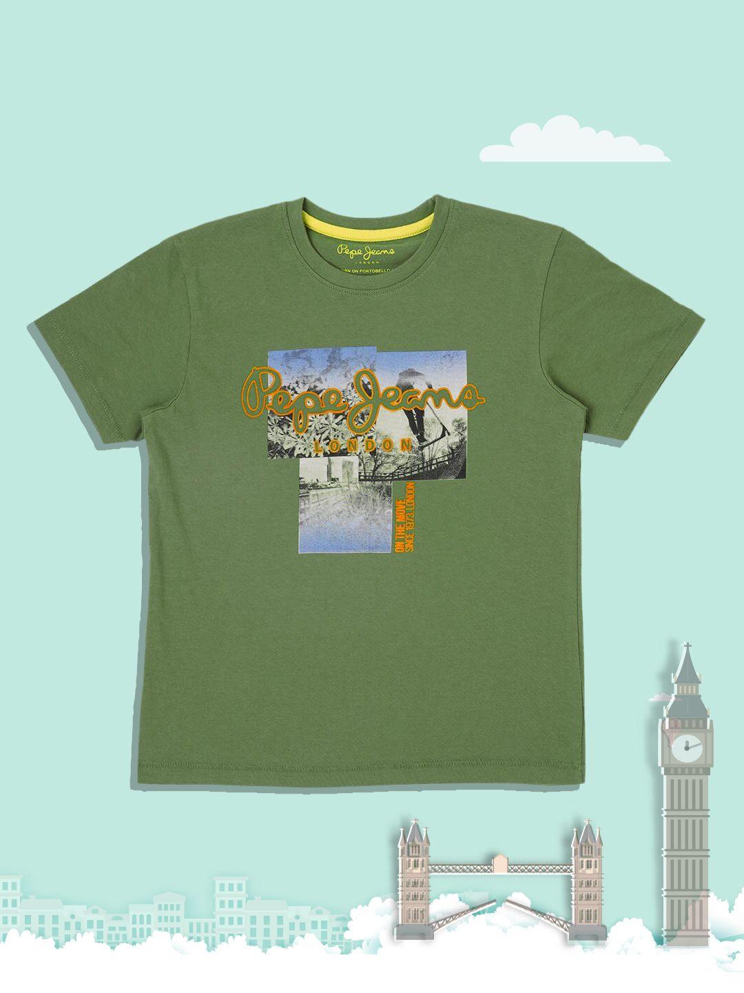 pepe jeans boys olive green graphic printed t-shirt