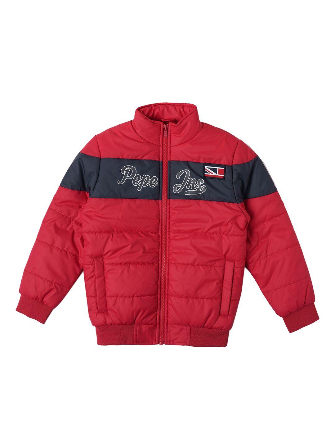 pepe jeans boys red colourblocked bomber with patchwork jacket