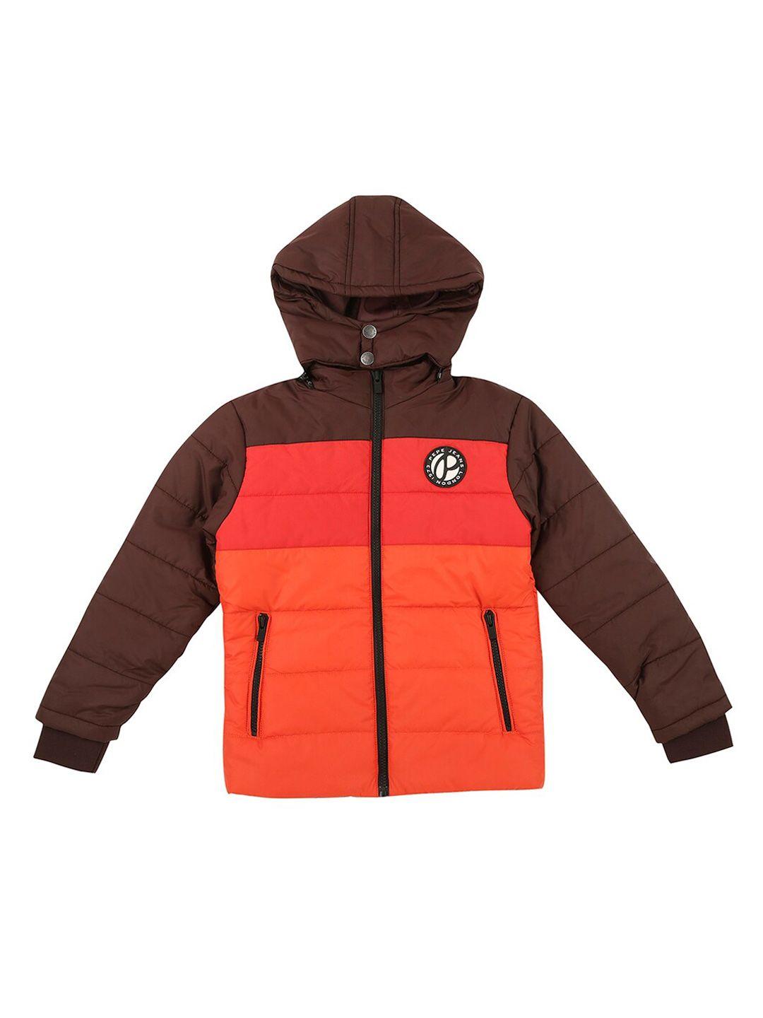 pepe jeans boys red colourblocked padded jacket with patchwork