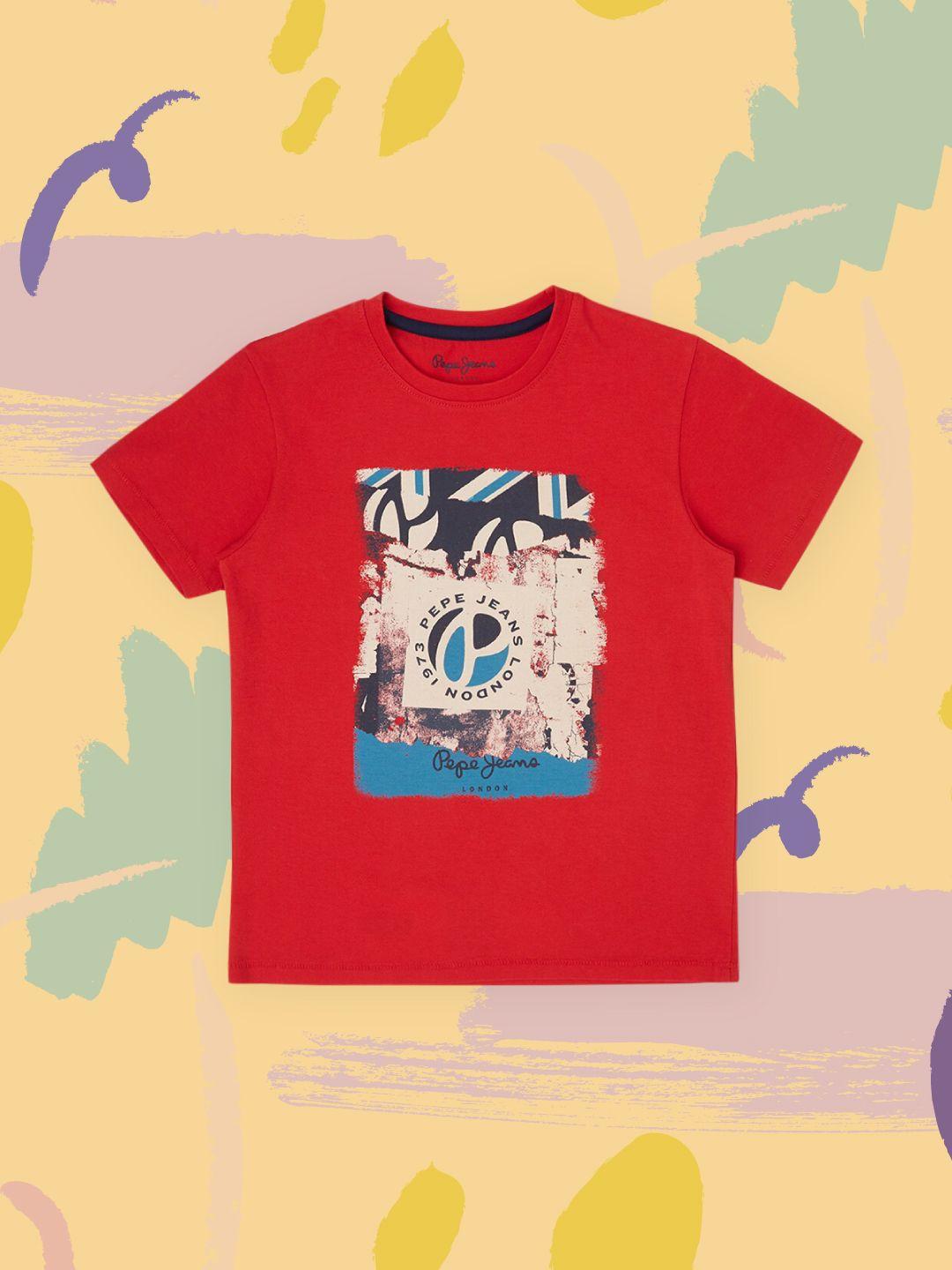 pepe jeans boys red pure cotton printed applique t-shirt