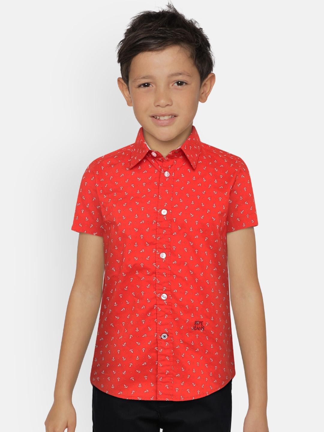 pepe jeans boys red regular fit printed casual shirt
