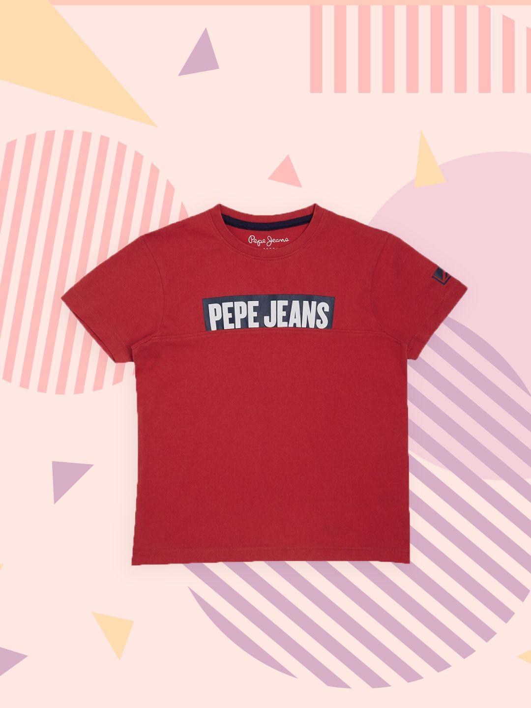 pepe jeans boys red typography printed pure cotton t-shirt
