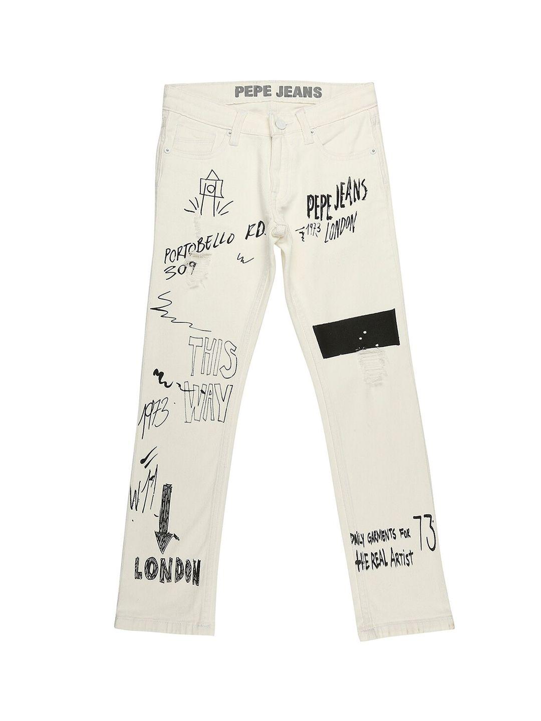 pepe jeans boys white printed cotton mid- rise jeans