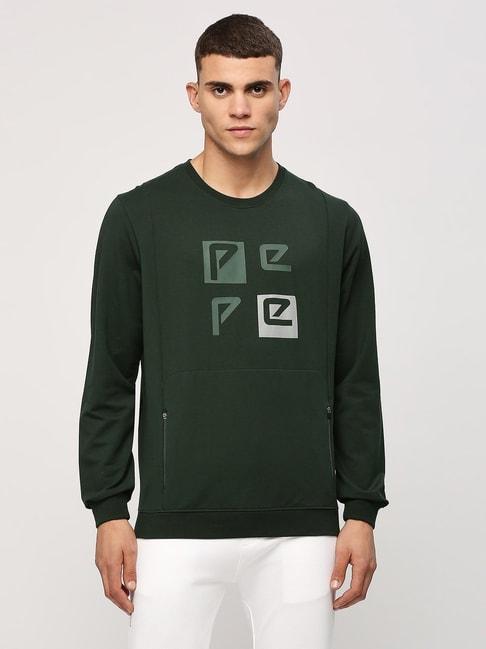 pepe jeans dark green cotton regular fit logo printed sweatshirt