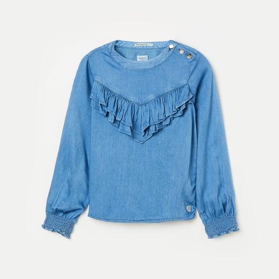 pepe jeans girls solid ruffled trim top with smocked cuffs
