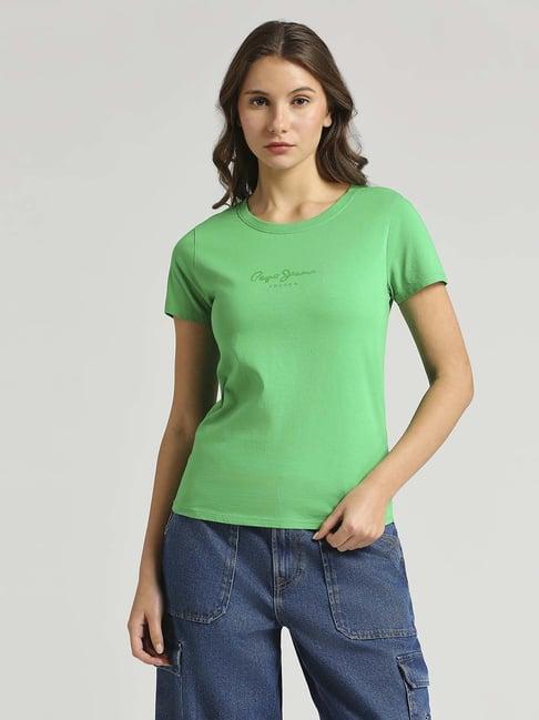 pepe jeans green cotton logo print t-shirt
