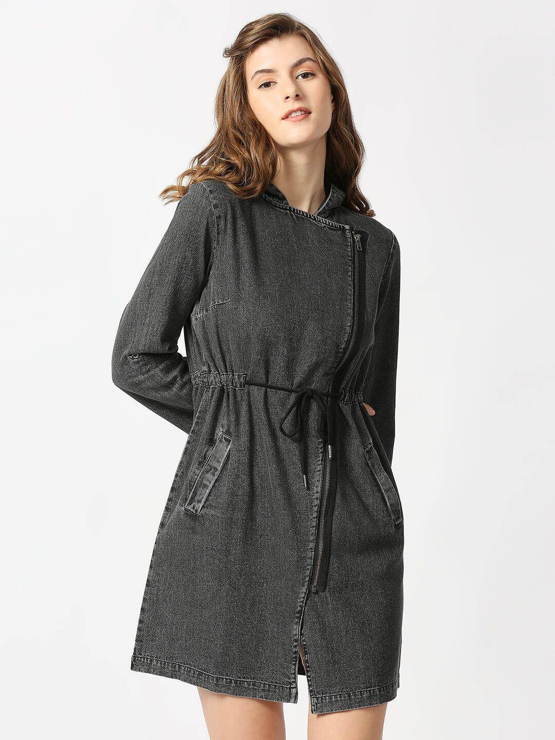 pepe jeans grey hooded cotton shirt dress