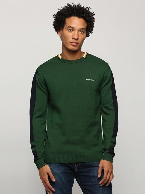 pepe jeans ivy green cotton regular fit self pattern sweater