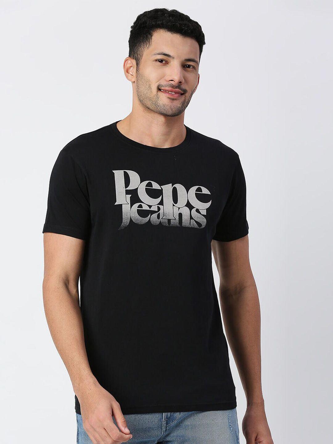 pepe jeans men black cotton typography printed t-shirt