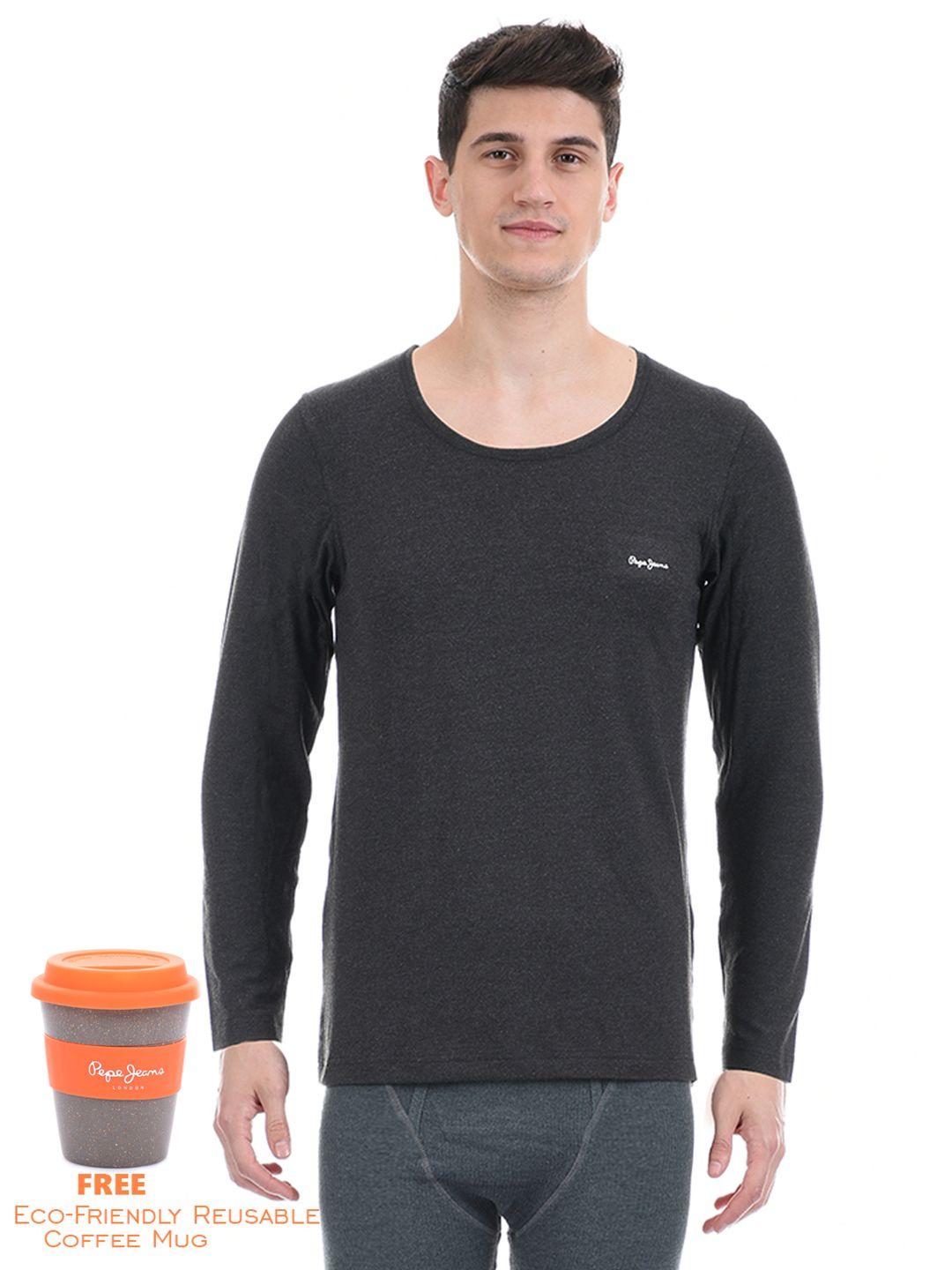 pepe jeans men black solid acrylic thermal top