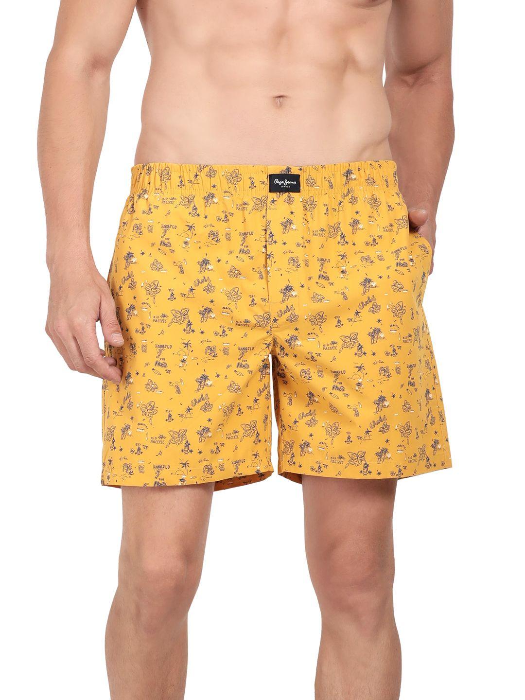 pepe jeans men gold-colored & blue printed pure cotton relaxed-fit boxer