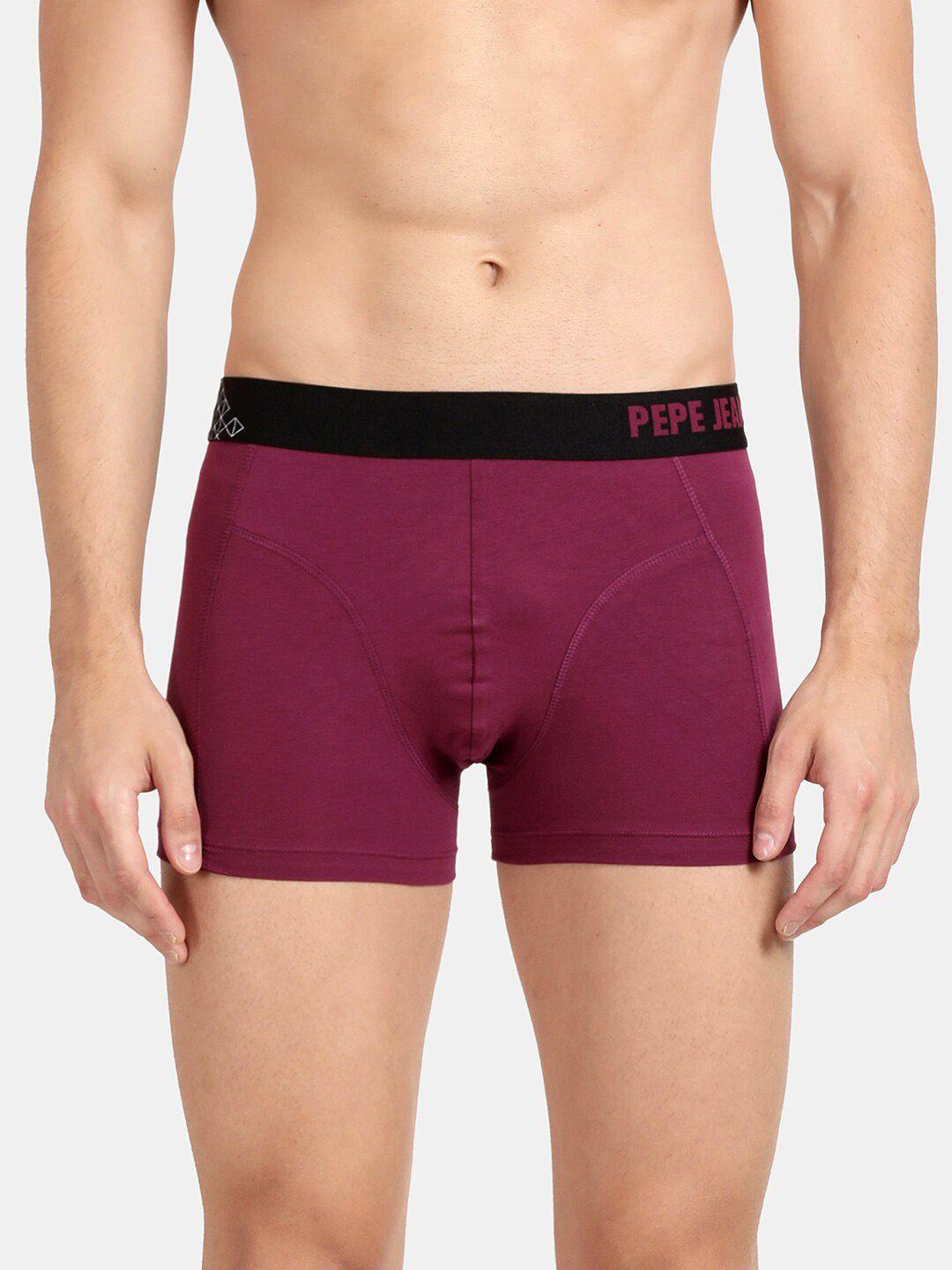 pepe jeans men magenta purple solid comfort fit mid-rise no-marks stretchable trunk opt03