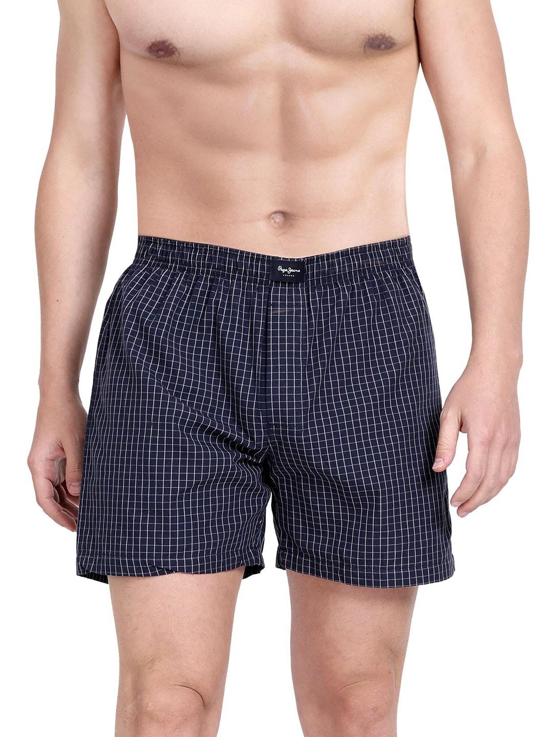 pepe jeans men navy blue & white checked boxers