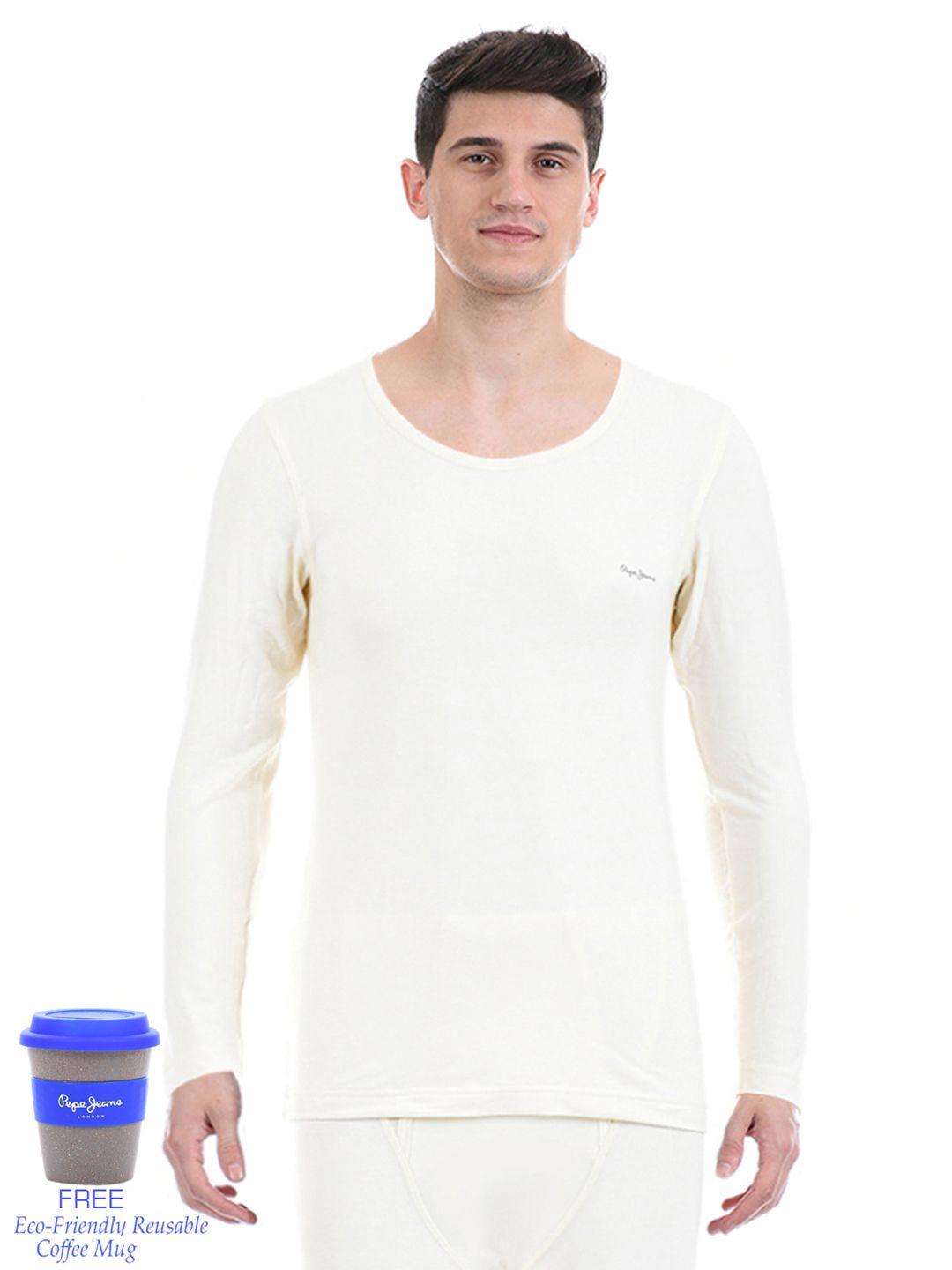 pepe jeans men off-white solid acrylic thermal top