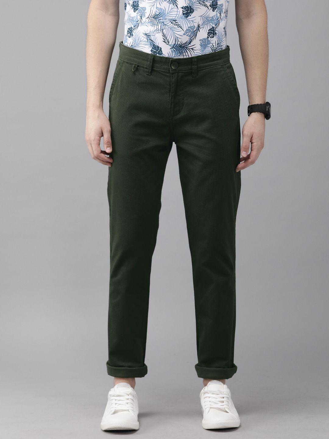 pepe jeans men olive green harbour slim fit printed regular trousers