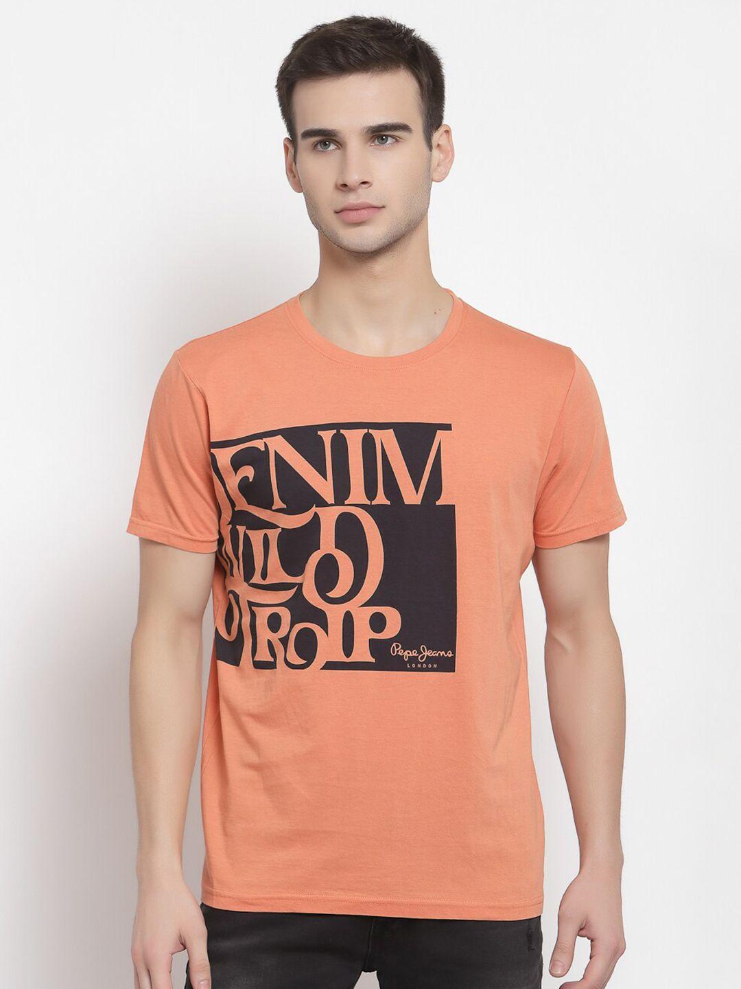 pepe jeans men orange typography printed raw edge t-shirt