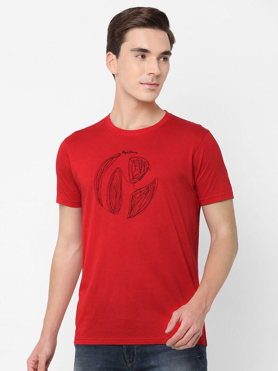 pepe jeans men red cotton typography printed t-shirt