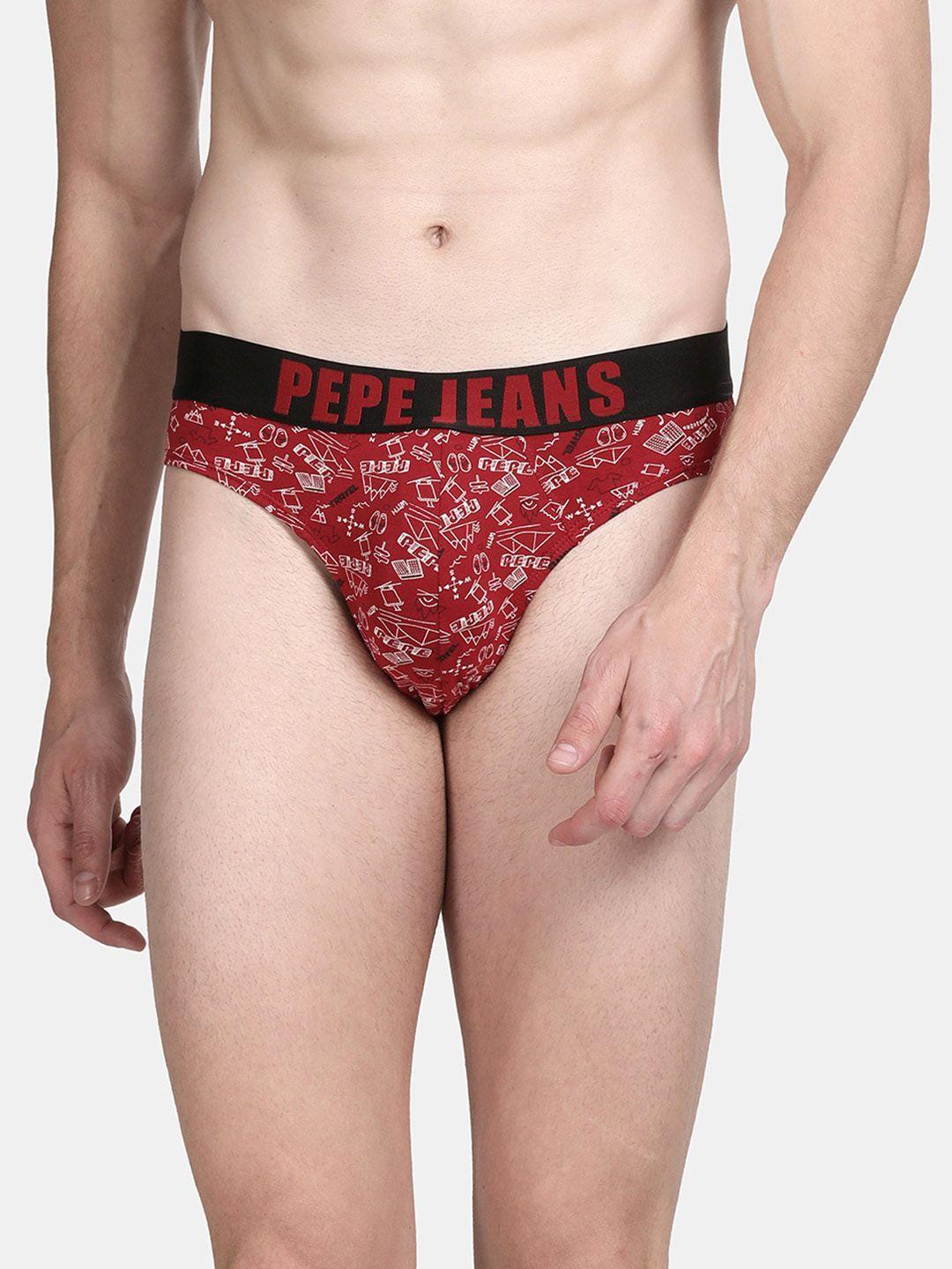 pepe jeans men red printed cotton basic briefs