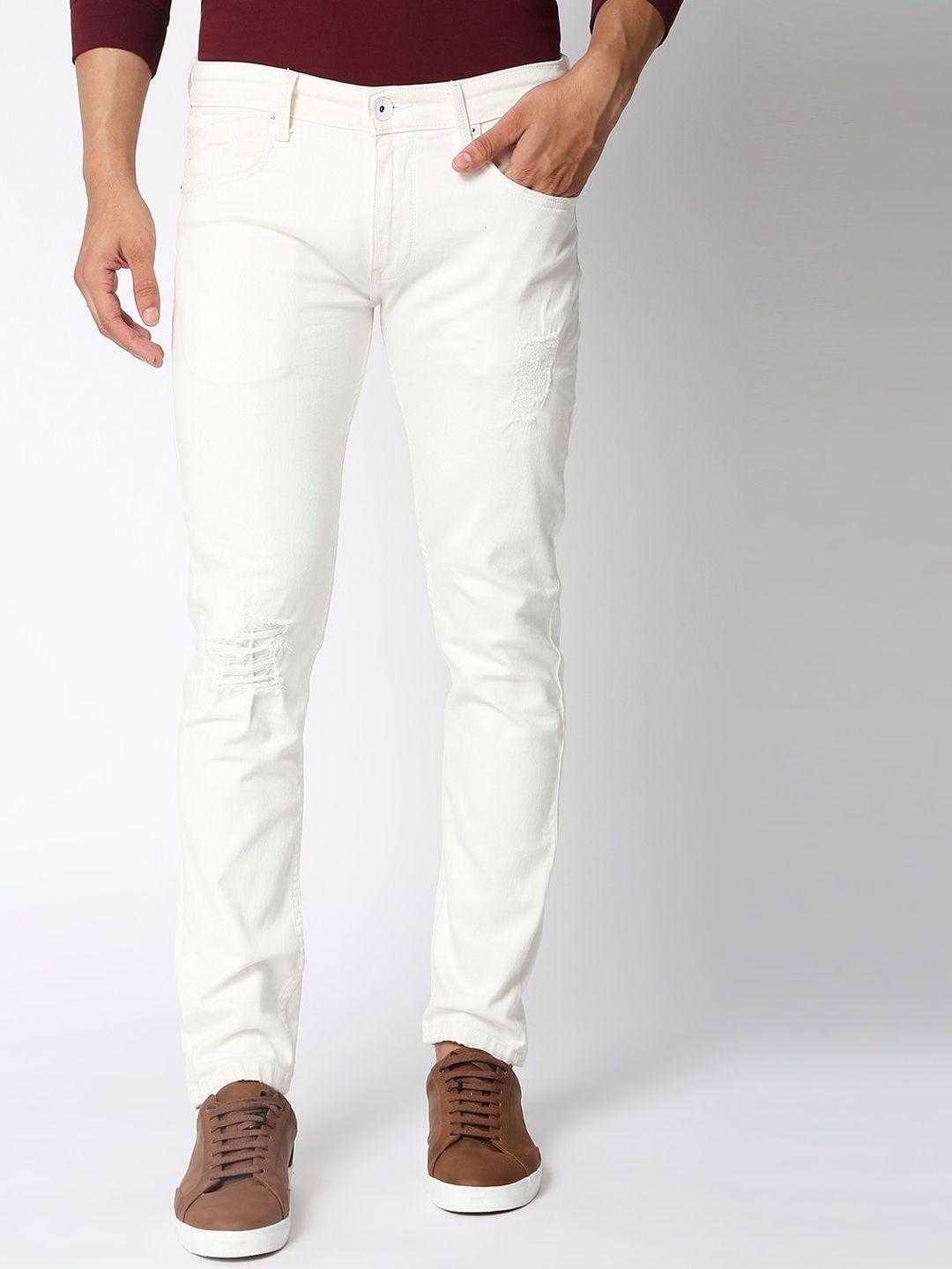 pepe jeans men white solid cotton tapered fit low-rise stretchable jeans