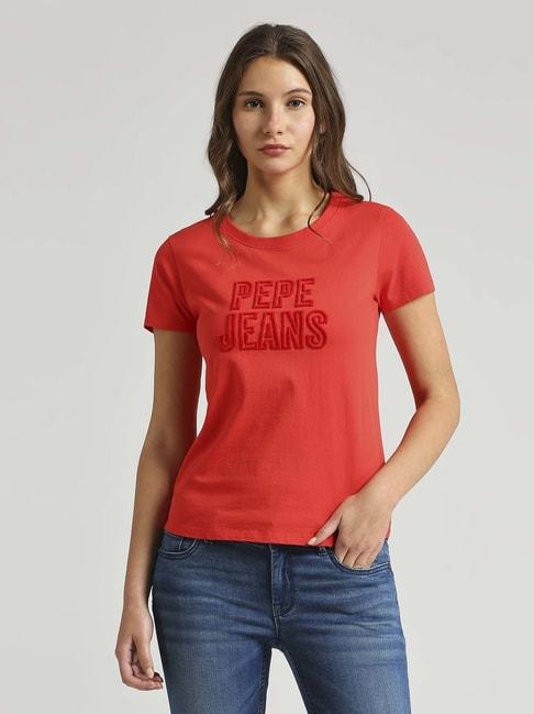 pepe jeans red cotton logo work t-shirt
