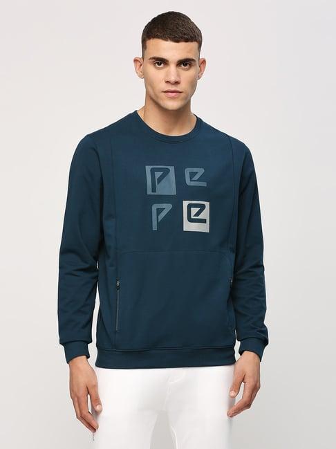 pepe jeans teal blue cotton regular fit logo printed sweatshirt
