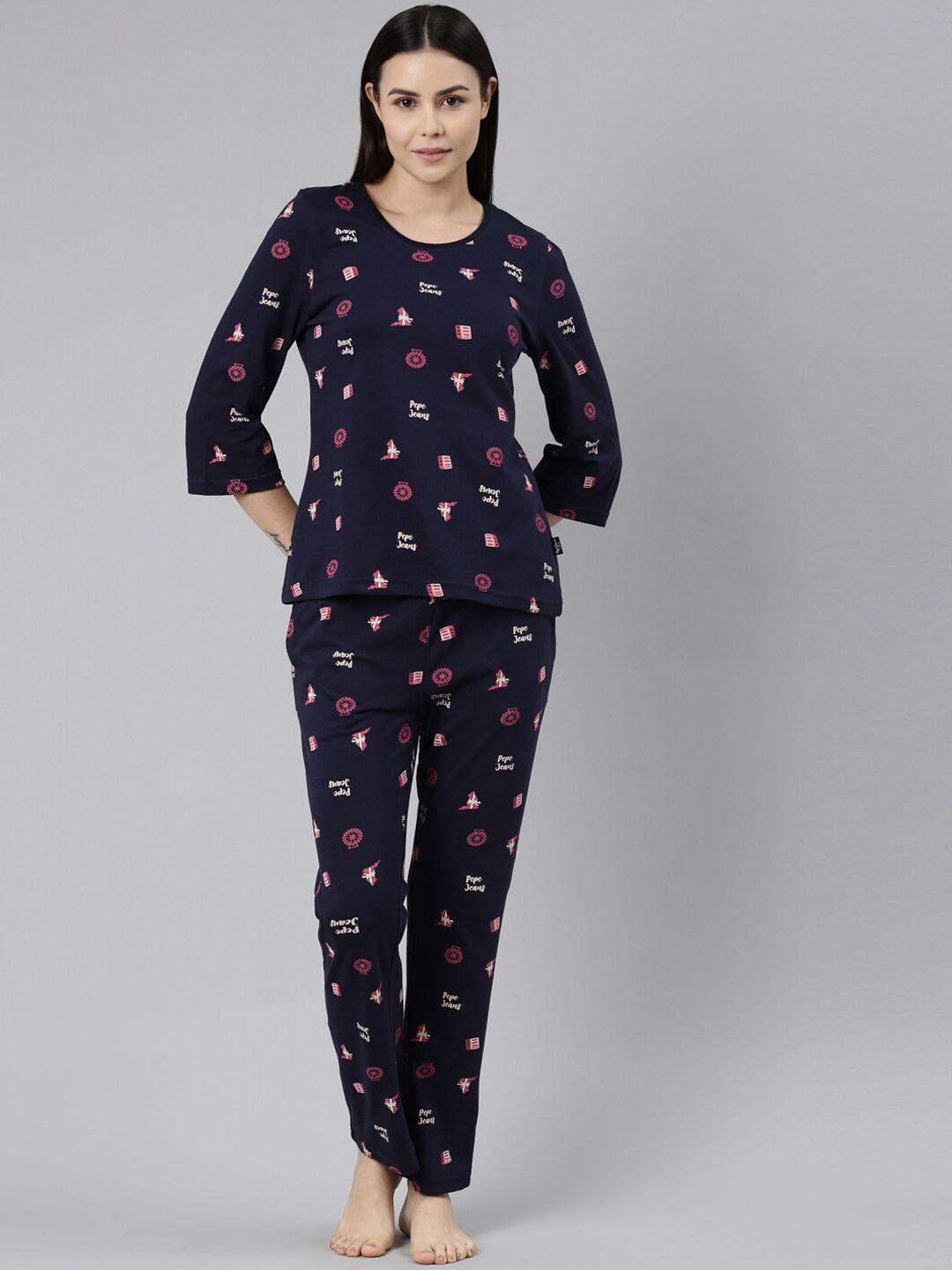 pepe jeans typography printed pure cotton night suit