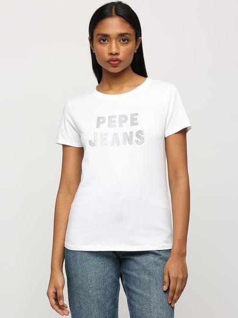 pepe jeans white cotton embellished t-shirt