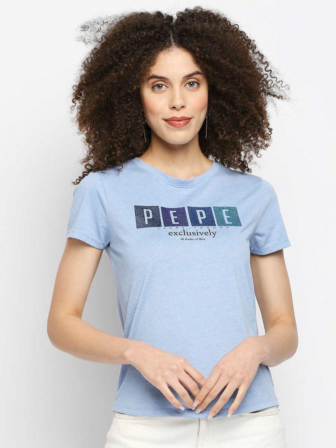 pepe jeans women blue typography printed t-shirt