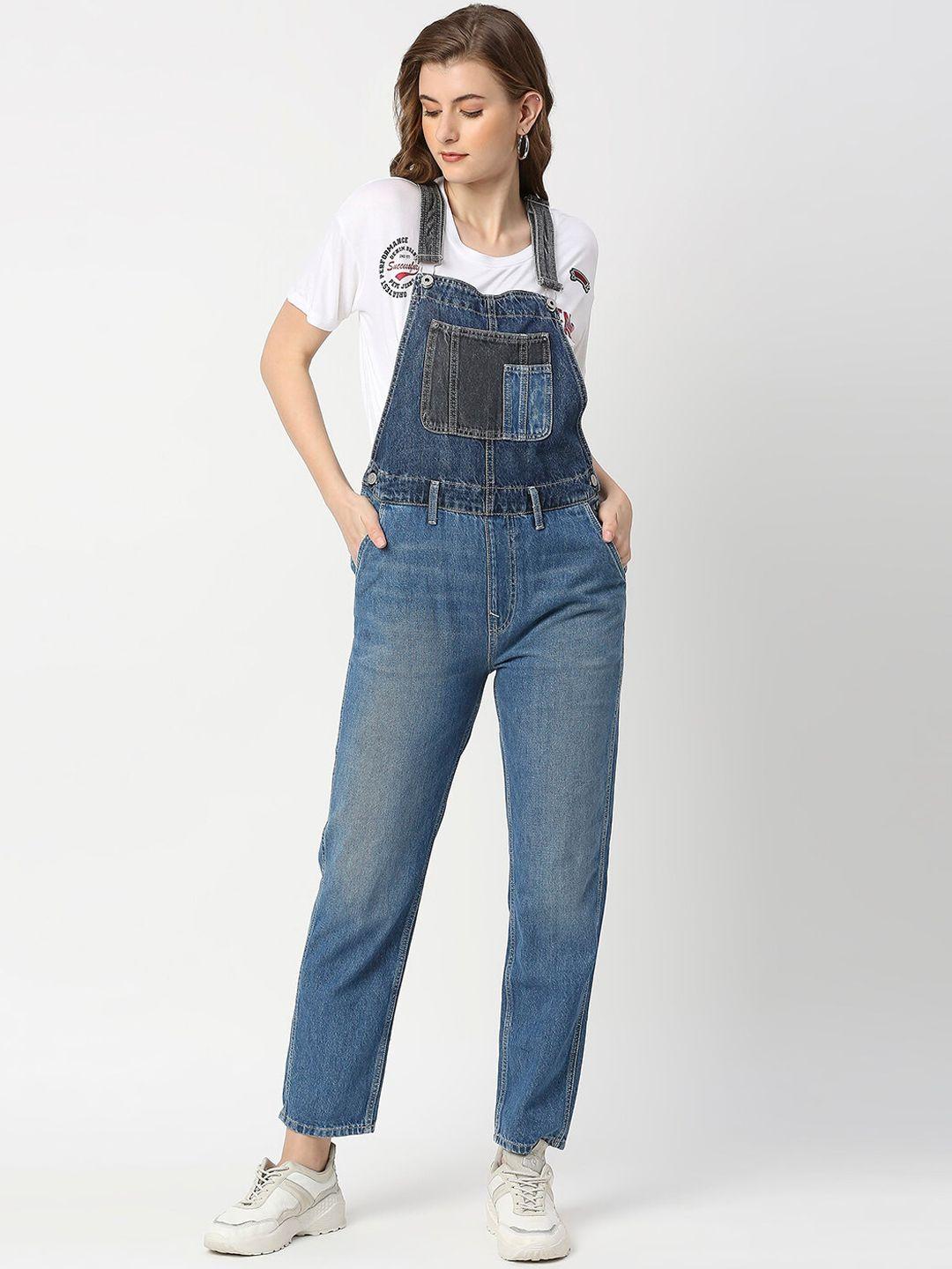 pepe jeans women blue washed light fade denim dungarees