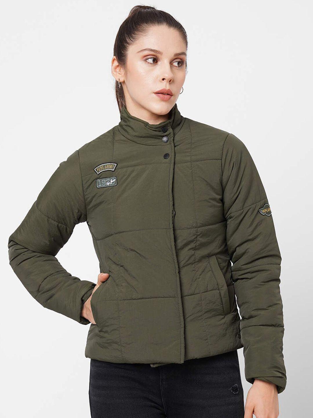 pepe jeans women green padded jacket with patchwork