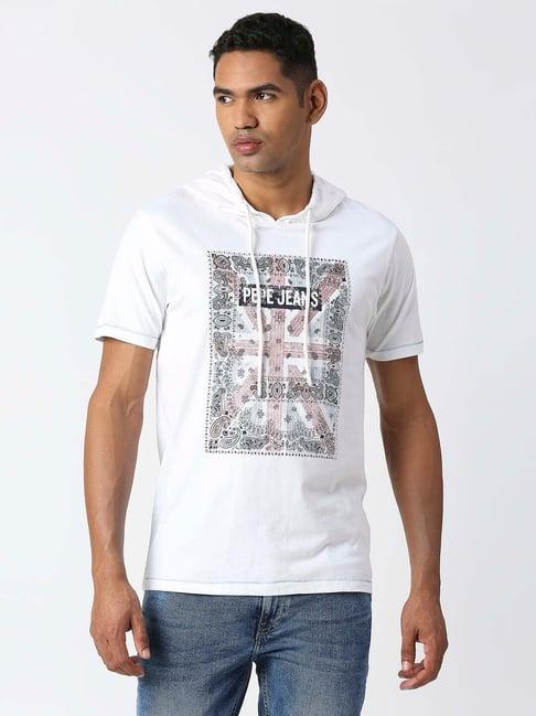 pepe jeans aarin white regular fit printed cotton hooded t-shirt