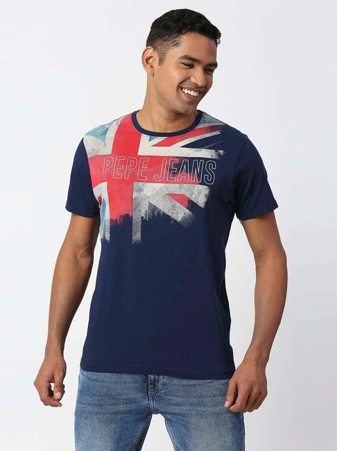 pepe jeans alfie navy slim fit printed cotton crew t-shirt