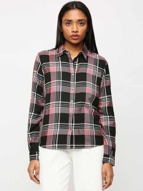 pepe jeans black & pink cotton chequered shirt