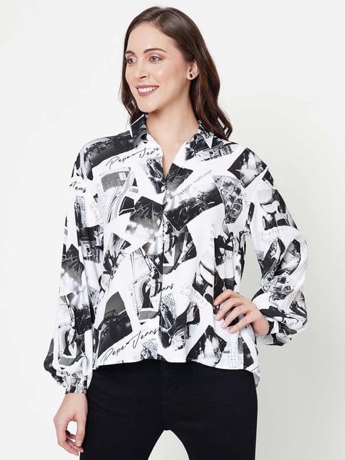 pepe jeans black & white viscose printed shirt